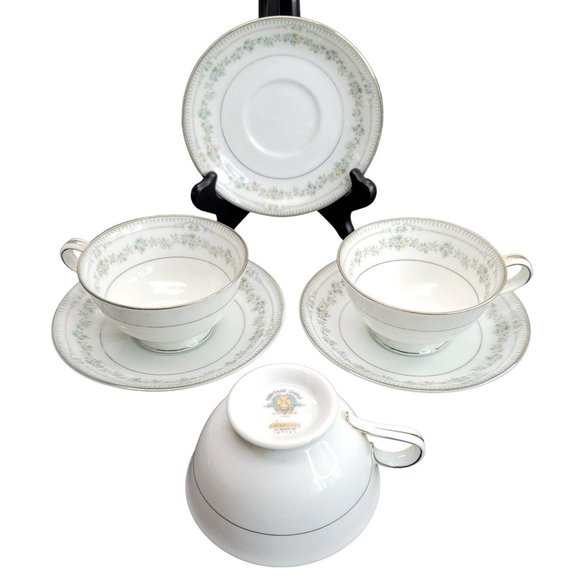 Noritake Norwood Tea Cups and Saucers Set of 3 White Silver Floral Japan Cr157 - Picture 1 of 10